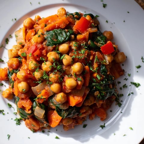Steaming Vegetarian Chickpea & Spinach Skillet, bursting with Mediterranean flavors and fresh herbs, ready to serve.