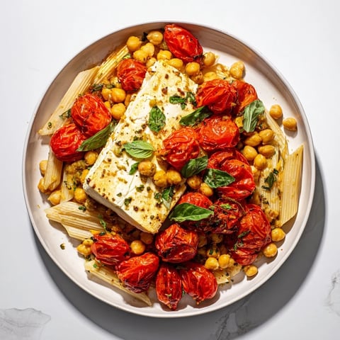 Creamy baked feta chickpea and tomato pasta, a vibrant Mediterranean meal ready to serve.