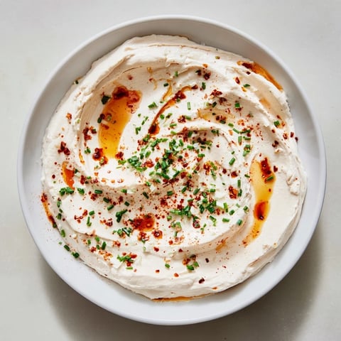 Creamy whipped ricotta dip with hot honey, drizzled and swirled for a spicy flavor explosion.