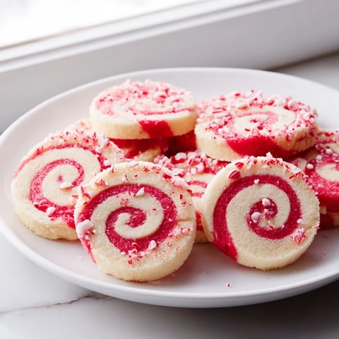 Festive Candy Cane Pinwheel Cookies, their swirled patterns a beautiful contrast of red and white on a plate.