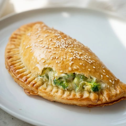 Golden-brown Broccoli Cheddar Quiche-less Hand Pies with flaky crusts sit appetizingly on a baking sheet.