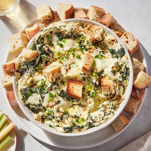 Warm, cheesy Best-Ever Spinach Dip in a crusty bread bowl, ready for dipping and sharing.