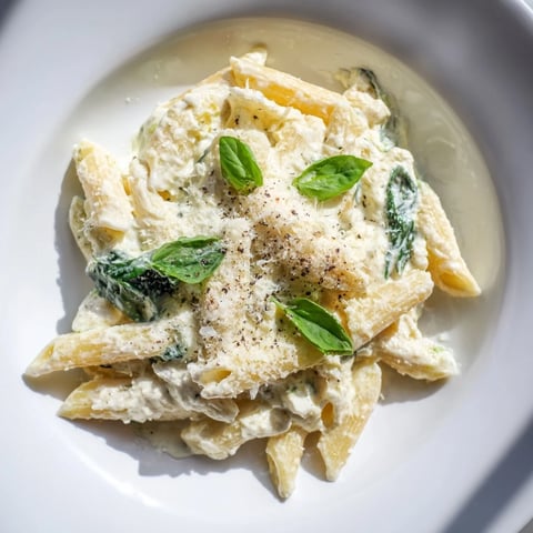 A bowl of Cottage Cheese Creamy Spinach Pasta, fragrant with garlic and fresh basil.