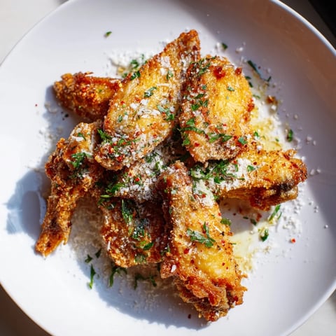 Golden-brown air fryer garlic-Parmesan chicken wings, a savory appetizer ready to enjoy.
