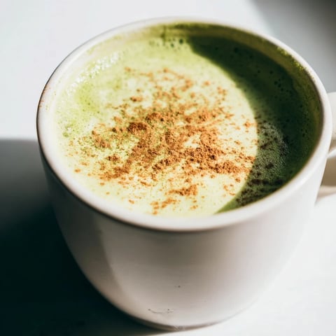 Frothy Cinnamon Maple Oat Milk Matcha Latte, a vibrant green beverage garnished with cinnamon.