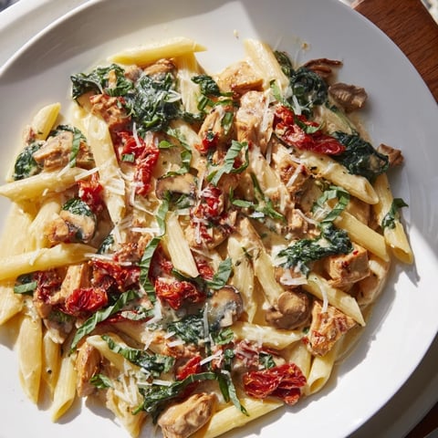 Creamy Sun-Dried Tomato Mushroom Penne Skillet: a vibrant and saucy pasta dish, perfect for a cozy dinner.