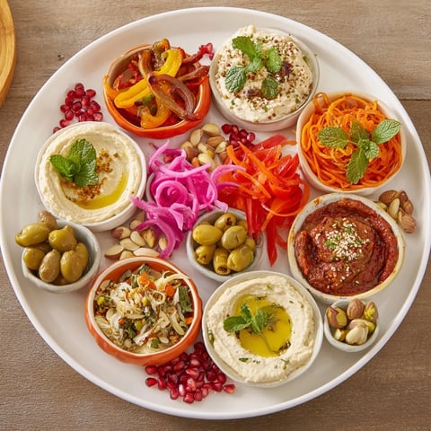 A visually stunning Moroccan Tile Mosaic appetizer displays vibrant dips and vegetables with olives and nuts.