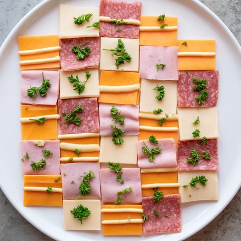 Appetizing "Patchwork Quilt" appetizer boasts colorful meats and cheeses with tangy mustard threads.