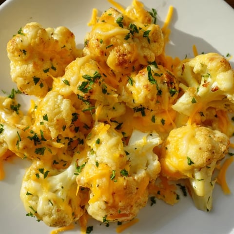 A close-up of bubbly Cheesy Cauliflower Mac with golden, melted cheese, ready to be served.