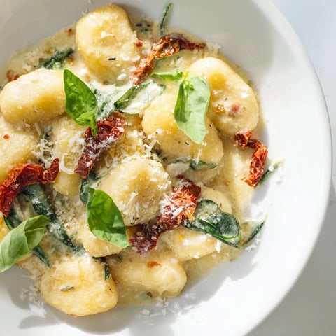 Creamy Tuscan Gnocchi in a skillet with sun-dried tomatoes and fresh basil garnish.