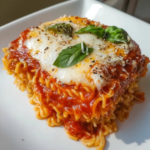 Golden, bubbling Ramen Lasagna with layers of cheese and rich tomato sauce, ready to serve.