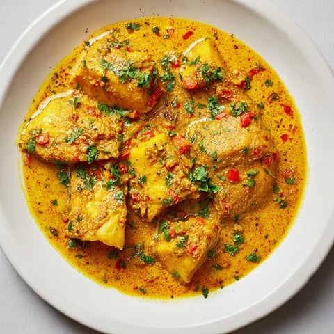 Golden chunks of fish swimming in a flavorful, creamy Bahraini Fish Curry, garnished with fresh cilantro.