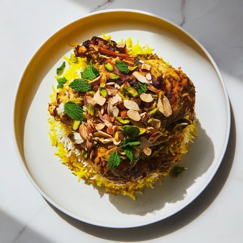 Steaming hot Kuwaiti Biryani rice, a golden layered feast with tender meat and fragrant spices.