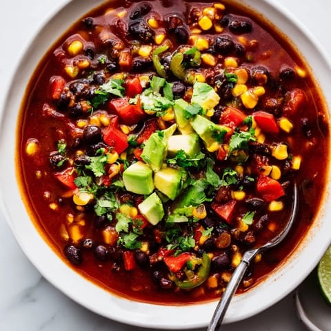 Colorful vegetables and spices create a delicious Spicy Black Bean Chili for dinner.  
