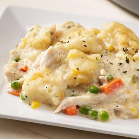 Creamy, comforting Chicken and Dumplings Casserole featuring fluffy dumplings atop a savory chicken filling.