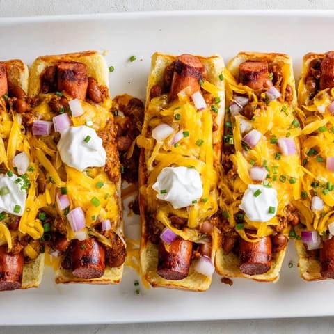 Savory Chili Dog Casserole, a warm, cheesy casserole with visible golden-brown hot dog buns and toppings.