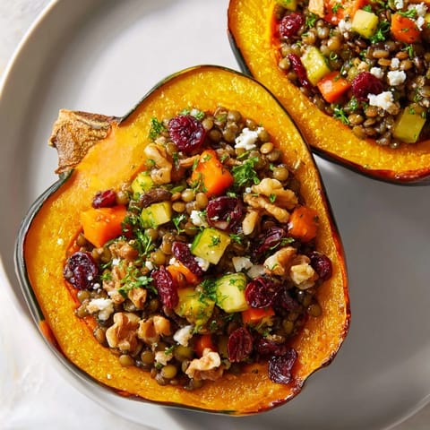 Steaming Lentil & Walnut Stuffed Acorn Squash, showcasing the colorful, spiced filling in halves.