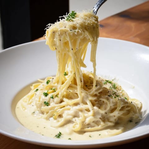 A close-up shot of rich and cheesy three-cheese spaghetti, perfect for a budget-friendly dinner.