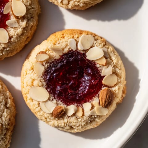 Warm, inviting image of freshly baked cherry almond thumbprint cookies, lightly browned and tempting.