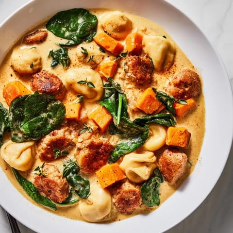 Close-up of a creamy Sausage Tortellini Soup with tender sweet potatoes and fresh spinach garnish.