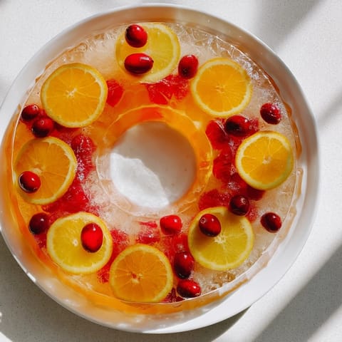 A refreshing close-up of the Quick Holiday Punch, showcasing the floating fruit ice ring and bubbly soda.