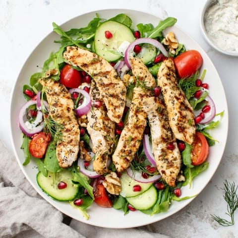 Sizzling black pepper chicken atop a vibrant salad, complete with creamy yogurt dressing, perfect for holidays.