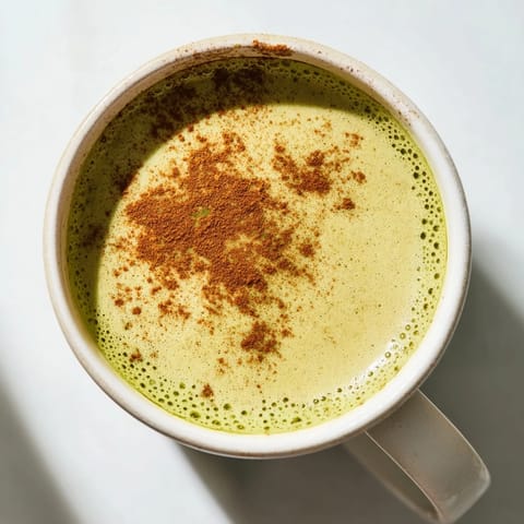 Steaming Cinnamon Maple Oat Milk Matcha Latte recipe, creamy and warmly spiced dairy-free comfort.