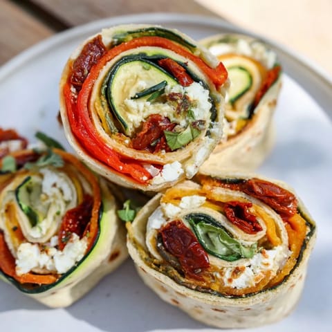 A colorful, spiraled Roasted Veggie & Feta Santa Wrap with roasted vegetables and creamy feta inside.