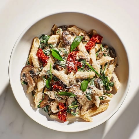 This Creamy Sun-Dried Tomato Mushroom Penne Skillet shows off perfectly cooked penne with creamy sauce and herbs.