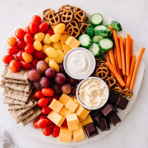 Fox & Friends snack tray overflowing with fresh, vibrant fruits, veggies, cheese cubes, and dips for easy snacking.