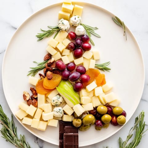 A vibrant Cranberry Joy Tree Board features colorful berries, olives, and almonds arranged in a holiday tree shape.
