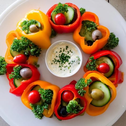 Enjoy this easy, festive bell pepper wreath, beautifully arranged with colorful fresh vegetables and dip.