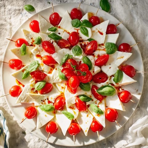 Vibrant Caprese Skewers, featuring bright red tomatoes and creamy mozzarella cheese, ready to enjoy.