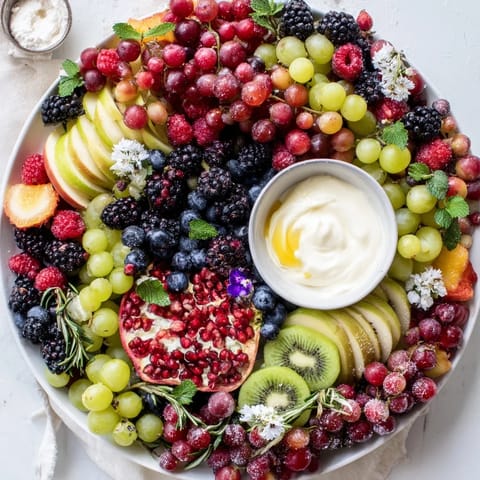 A beautifully arranged Winter Berry Wreath Fruit Board features a medley of red and green fruits.