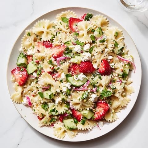 Cool, refreshing Strawberry Feta Pasta salad visually showcases strawberries, feta, and herbs; a delicious vegetarian meal.
