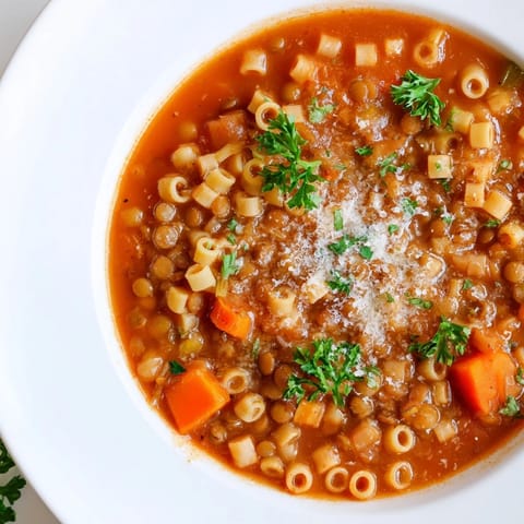 Warm, flavorful Ditalini and Lentil Soup, a hearty, vegetarian meal simmering in a flavorful broth.