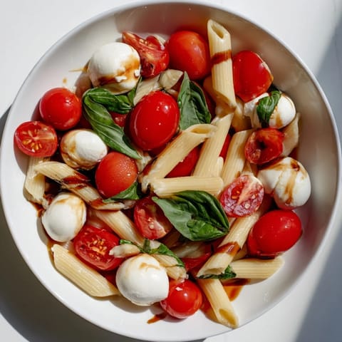 Freshly tossed Caprese Pasta Salad showcases glossy pasta, basil, and cheese, an inviting summer Italian treat.