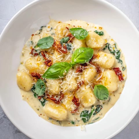 A close-up of the delicious Creamy Tuscan Gnocchi, ready for a comforting Italian dinner.