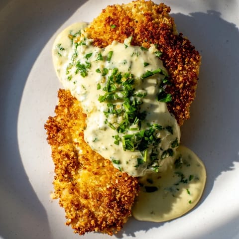 Succulent crispy chicken with garlic cream sauce, pictured plated, garnished with fresh parsley for serving.