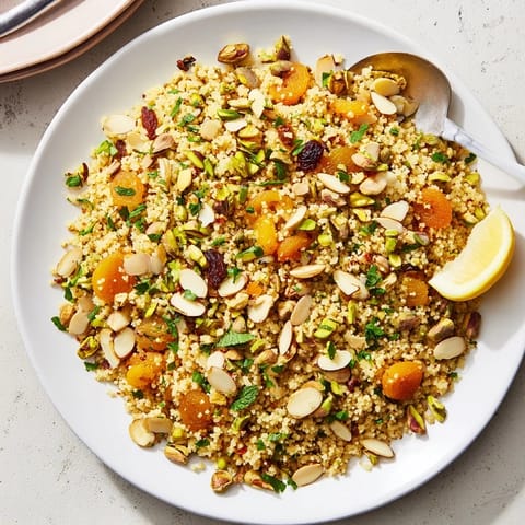 Colorful spiced couscous pilaf with dried apricots and raisins, garnished with mint and parsley.