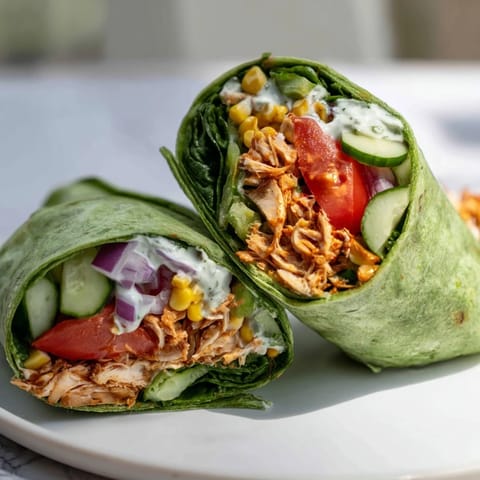 Freshly made BBQ Chicken Salad Wrap on a wooden board, with extra veggies and a lime wedge for a bright, zesty garnish.