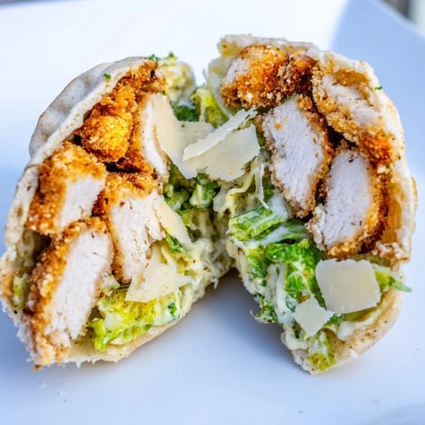 Freshly made Crispy Herbed Chicken Caesar Pitas filled with crunchy romaine, creamy dressing, and juicy chicken strips.  