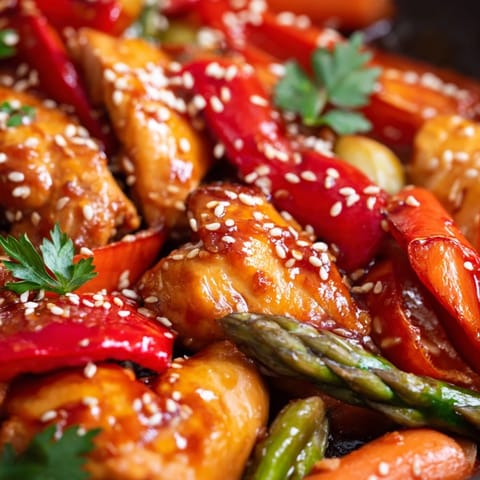 Glistening honey garlic chicken and fresh asparagus, carrots, and snap peas, roasted to tender caramelized perfection and served over fluffy quinoa.  