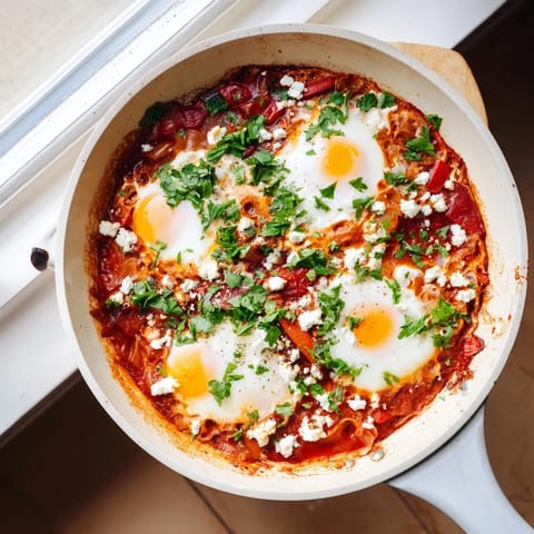 Vibrant shakshuka with perfectly poached eggs in spiced tomato sauce, ready to be scooped.