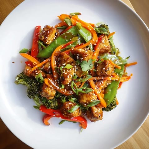 A close-up shows stir-fried broccoli, carrots, and snap peas mixed with nutty tempeh, topped with fresh cilantro and sesame seeds.