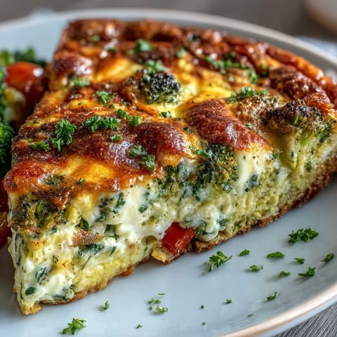 A freshly baked Vegetable Frittata in a skillet, showing golden, puffy eggs with diced broccoli, red bell pepper, and melted cheddar.