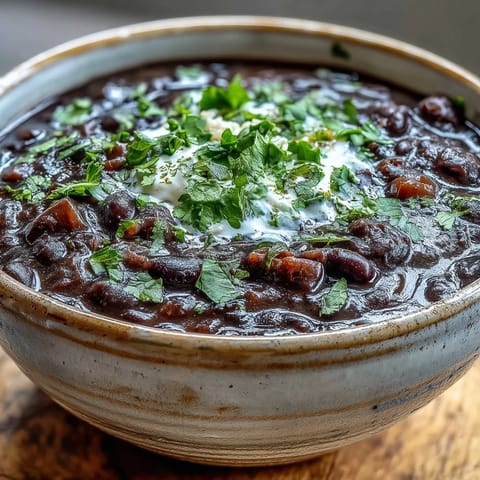 Steaming bowl of creamy Black Bean Soup garnished with avocado and fresh cilantro.