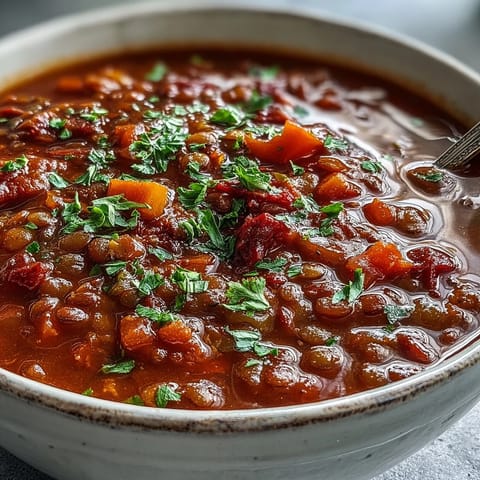 Steaming bowl of Tomato Lentil Soup, rich red broth with tender lentils and herbs.