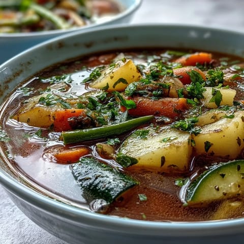 Hearty Potato and Vegetable Soup served in rustic bowls alongside crusty bread. 