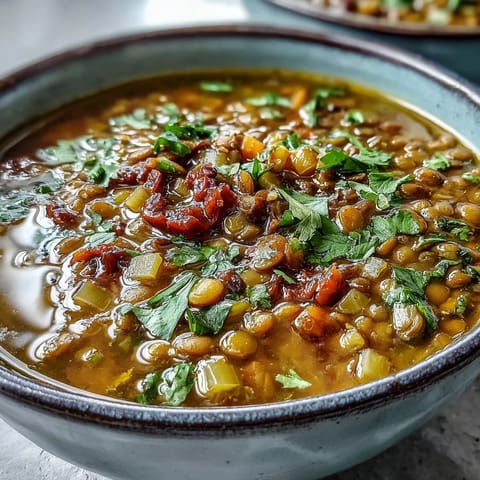Steaming bowl of homemade Mung Bean Soup, showcasing tender beans and diced carrots in a golden broth, topped with fresh cilantro.
